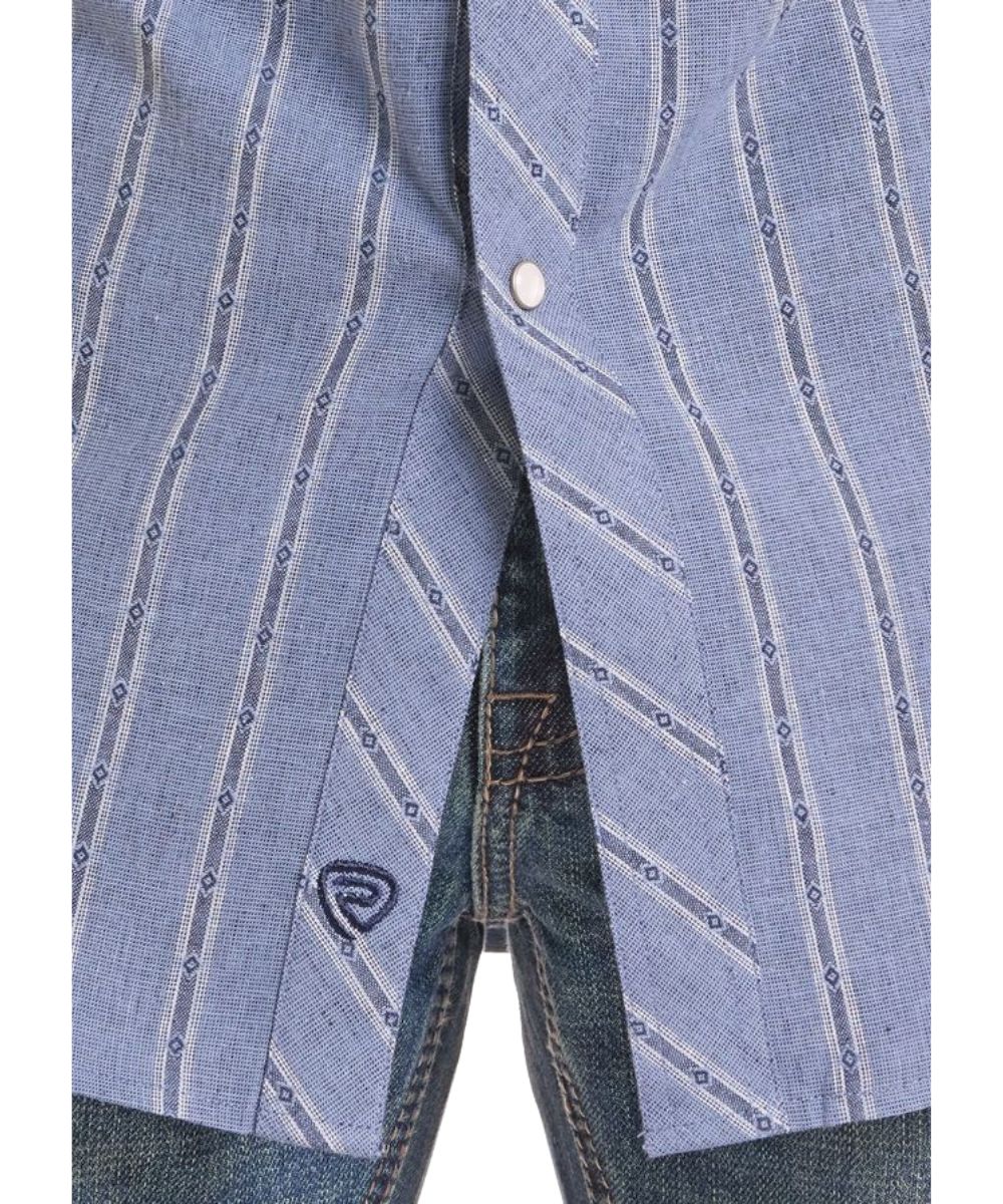 Close-up view of the blue striped print