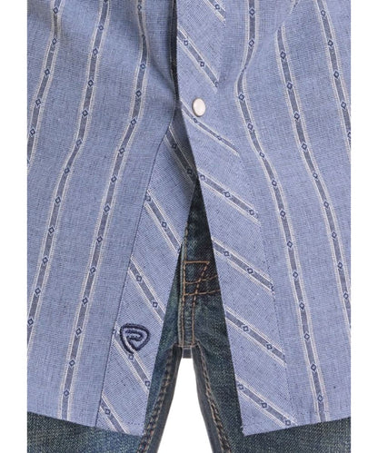 Close-up view of the blue striped print