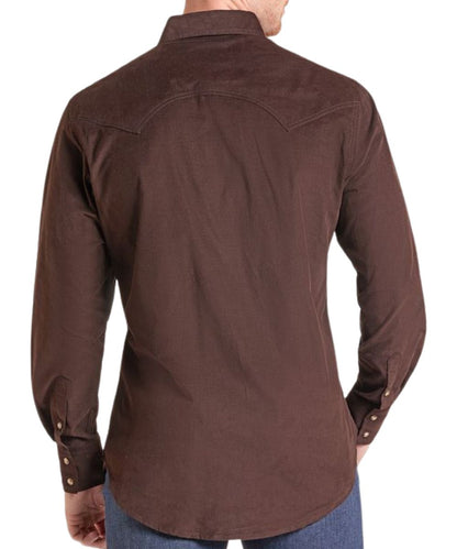 Back view of the men's dark brown corduroy long sleeve snap shirt featuring the modern fit and double pointed back yoke