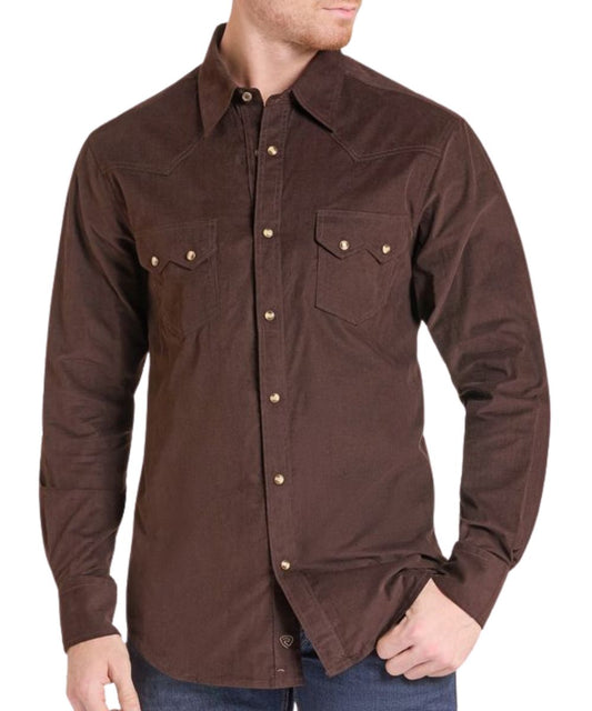 Front view of the men's Rock & Roll Cowboy Dark Brown Corduroy Snap Shirt featuring the long sleeves, sawtooth snap flap chest pockets, and western yokes