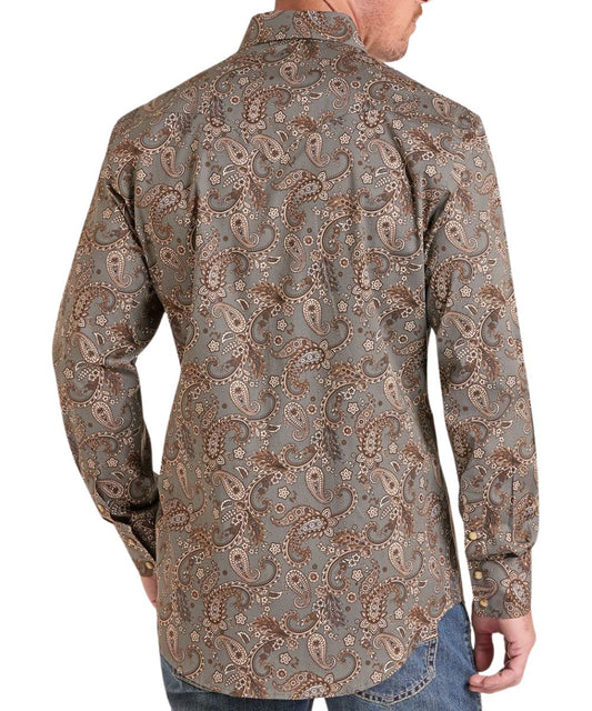 Back view of the men's dark brown long sleeve snap shirt featuring the paisley print, modern fit, and single point western yokes