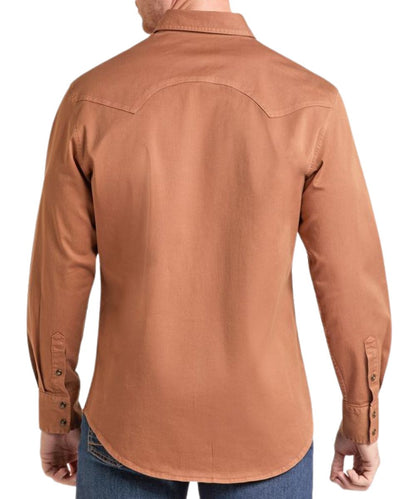 Back view of the men's long sleeve washed denim snap shirt in a camel brown color featuring the modern fit and double pointed back yoke