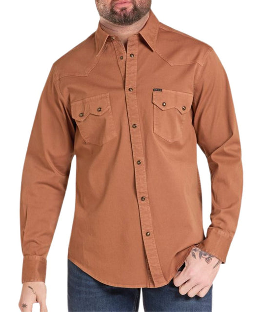 Front view of the men's Rock & Roll Cowboy Koe Wetzel Camel Washed Denim Snap Shirt featuring the sawtooth snap flap chest pockets and western yokes
