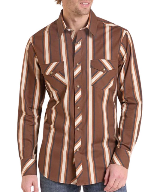 Front view of the men's brown Rock & Roll Cowboy long sleeve snap shirt featuring the vertical striped print, spread collar, snap flap chest pockets, and snap cuffs
