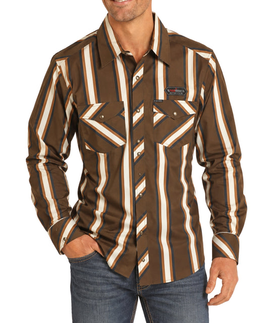 Rock & Roll Cowboy Men's Stripe Snap Shirt front on white background