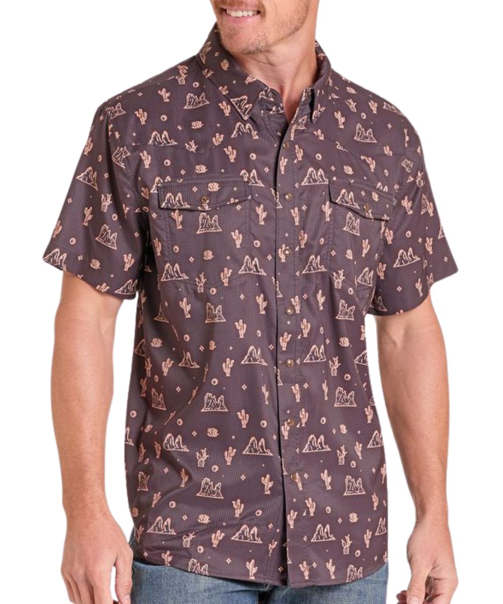Front view of the men's Rock & Roll Cowboy short sleeve black desert printed snap shirt featuring the western yokes, chest pockets, pen slot, and ripstop moisture wicking fabric