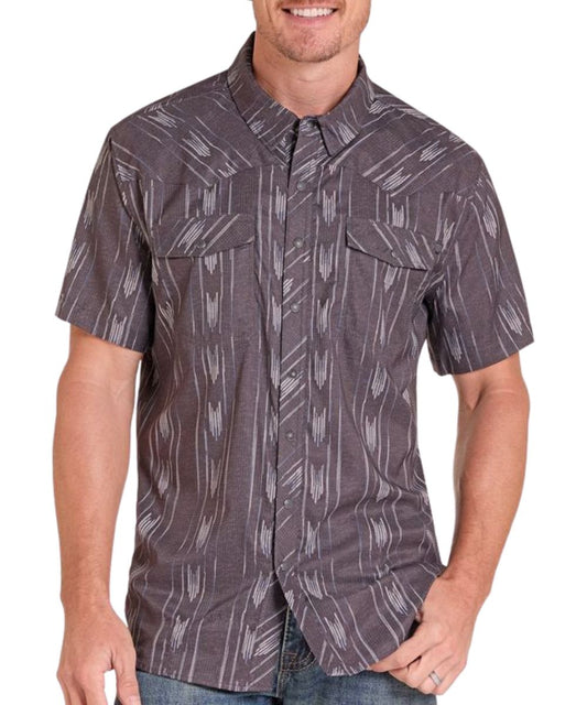 Front view of the men's Rock & Roll Cowboy Black Ikat Striped TekWestern Snap Shirt featuring the short sleeves, chest pockets, and upf protection