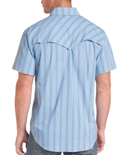 Back view of the men's blue short sleeve snap shirt featuring the vented back yoke and upf 50+ protection