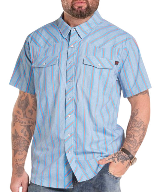 Front view of the men's blue Rock & Roll Cowboy Koe Wetzel TekWestern short sleeve snap shirt featuring the hidden snap down collar, chest pockets, western yokes, breathable cool feel, and the vertical striped print