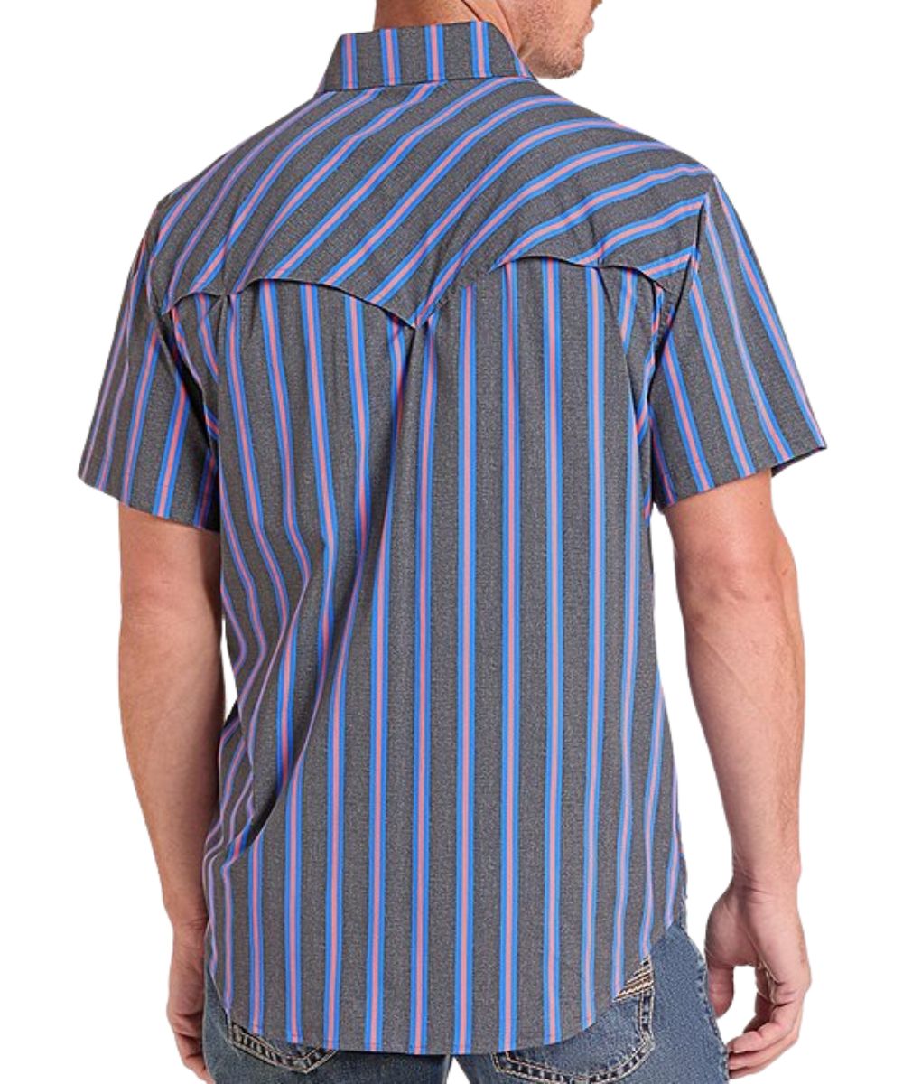 A man wearing a short-sleeve western-style button-up shirt with vertical blue and pink stripes on a gray background, shown from the back.