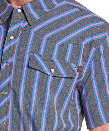 Close-up of a short-sleeve western-style button-up shirt with a gray base and vertical stripes in blue and pink, featuring a chest pocket and silver snaps.