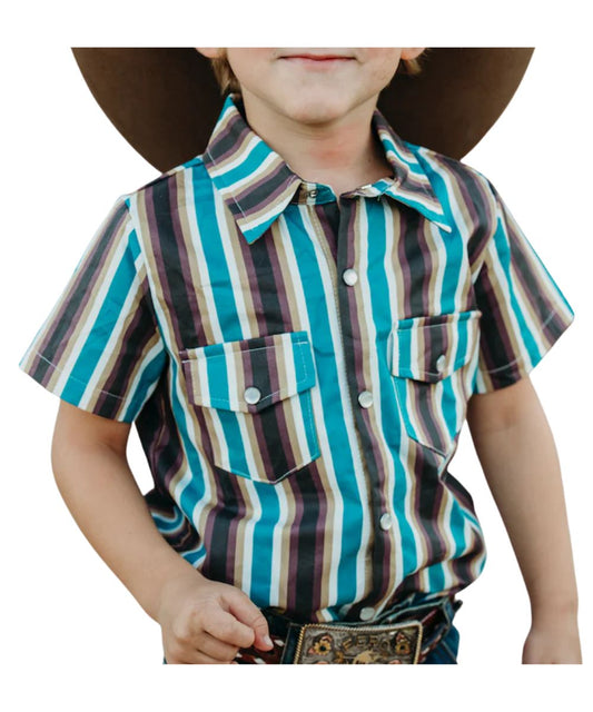 Boy's Short Sleeve Pearl Snap Shirt Featuring Vintage Vertical Stripes