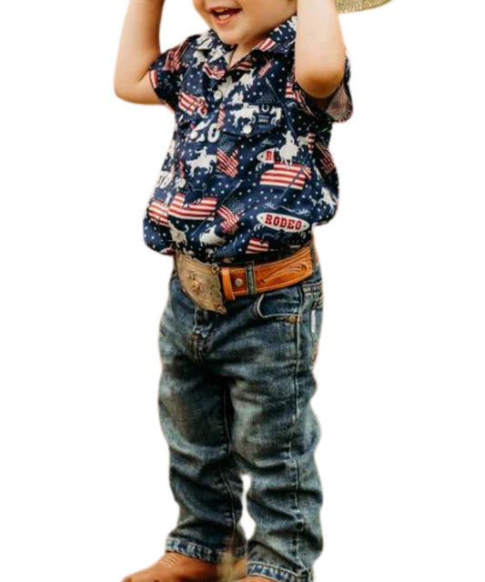 Infant Boy's Short Sleeve Pearl Snap Onesie Featuring An American Flag Rodeo Print On A Navy Shirt