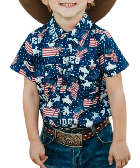 Toddler Boy's Short Sleeve Pearl Snap Shirt Featuring An American Flag Rodeo Print