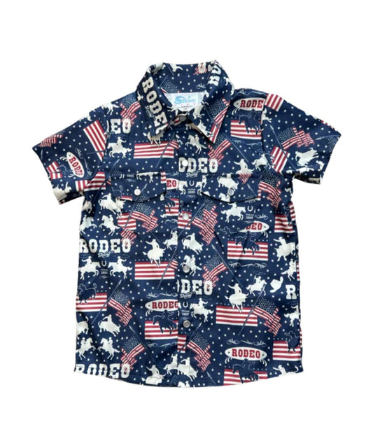 Boy's Navy Short Sleeve Pearl Snap Shirt With American Flag Rodeo Print