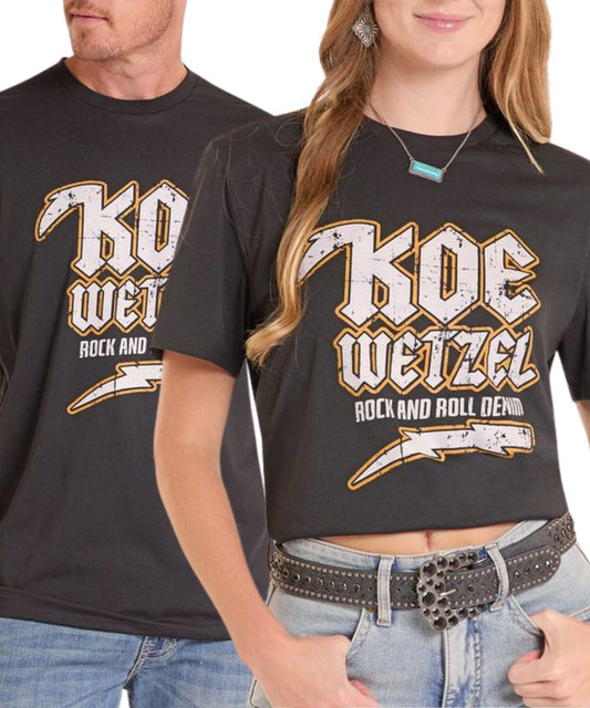 Front view of the unisex adult short sleeve black Koe Wetzel graphic tee