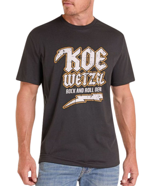 Front view of a male modeling the black unisex tee featuring a front screen printed Koe Wetzel X Rock And Roll Denim Graphic