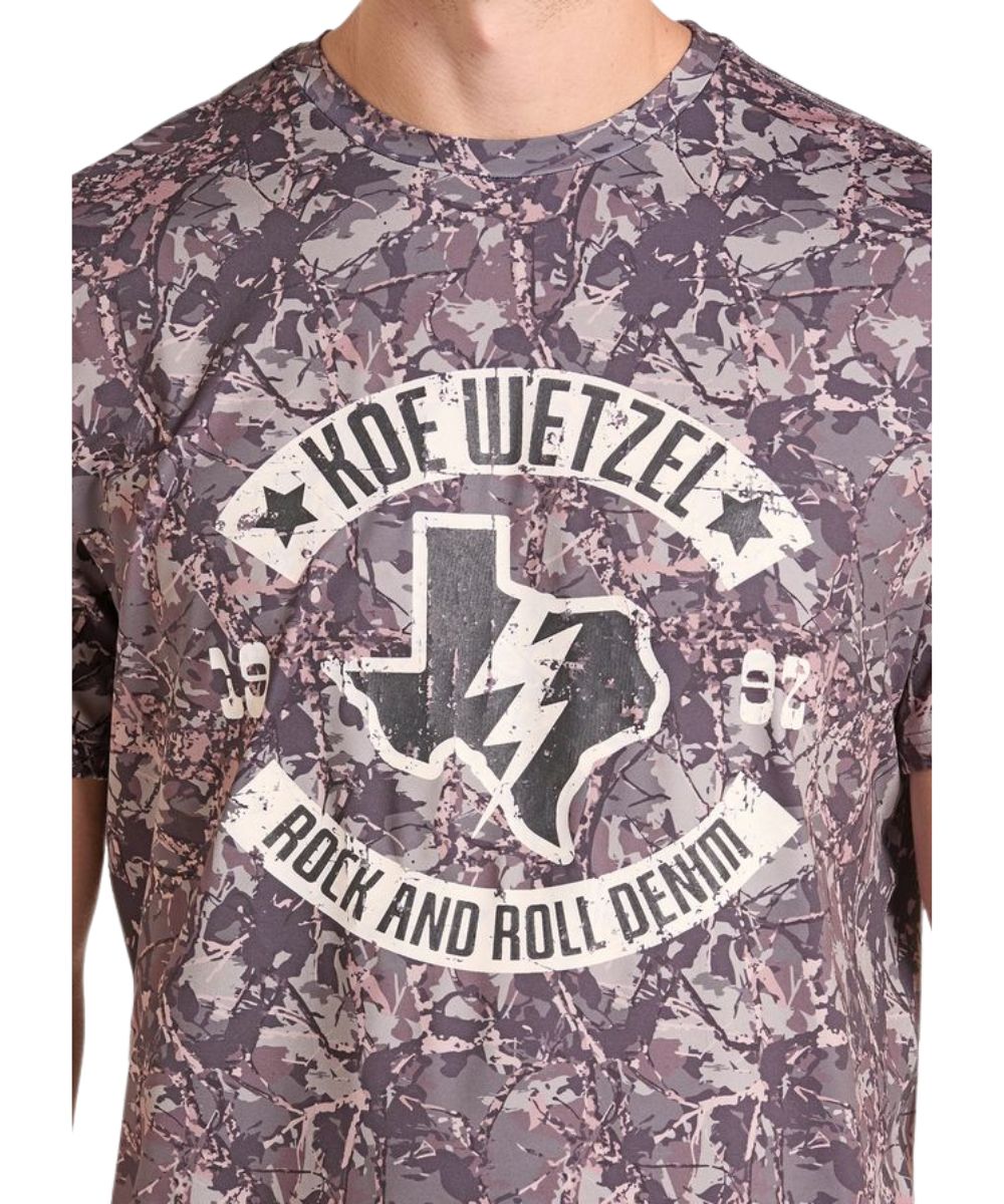 Close-up view of the Koe Wetzel Texas logo screen-printed graphic