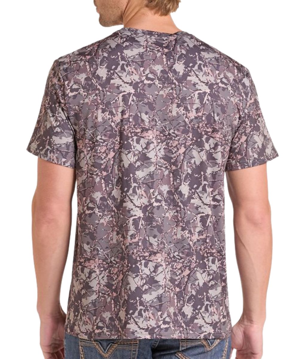 Back view of a man modeling the camo/olive graphic knit tee