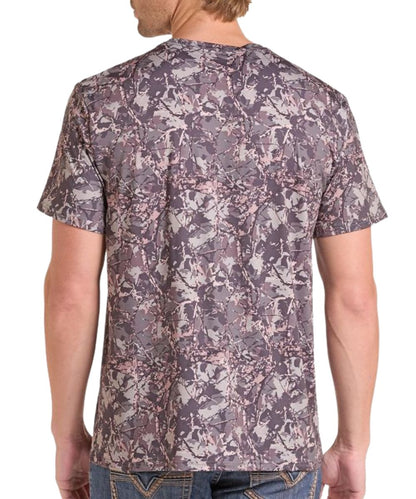 Back view of a man modeling the camo/olive graphic knit tee