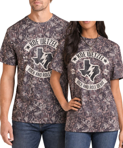 Couples view of the unisex adult's Rock &  Roll Denim Camo Koe Wetzel Tee 