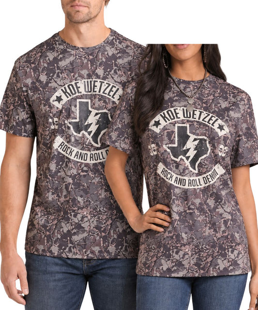 Couples view of the unisex adult's Rock &  Roll Denim Camo Koe Wetzel Tee 