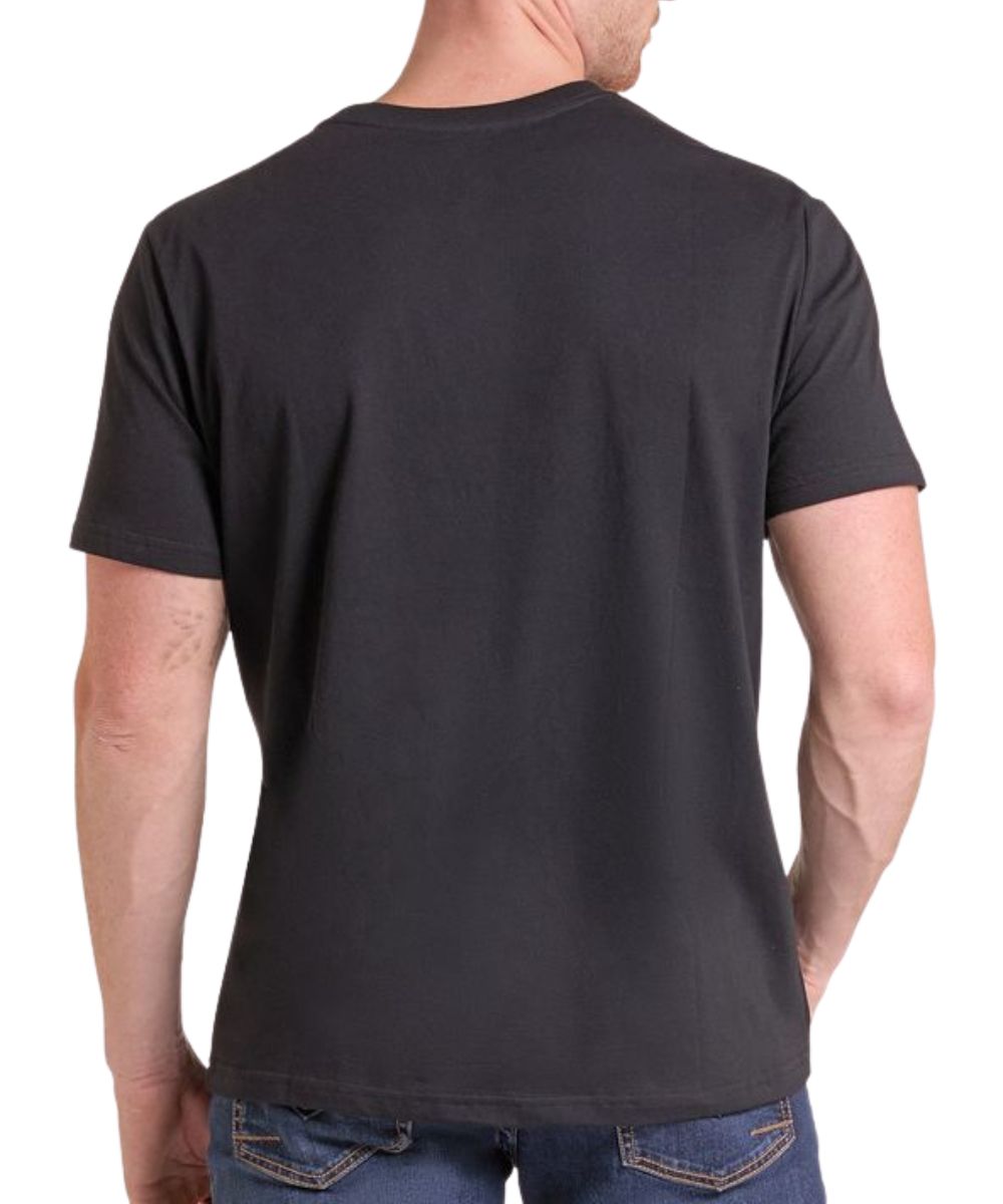 Back view of a man modeling the black tee