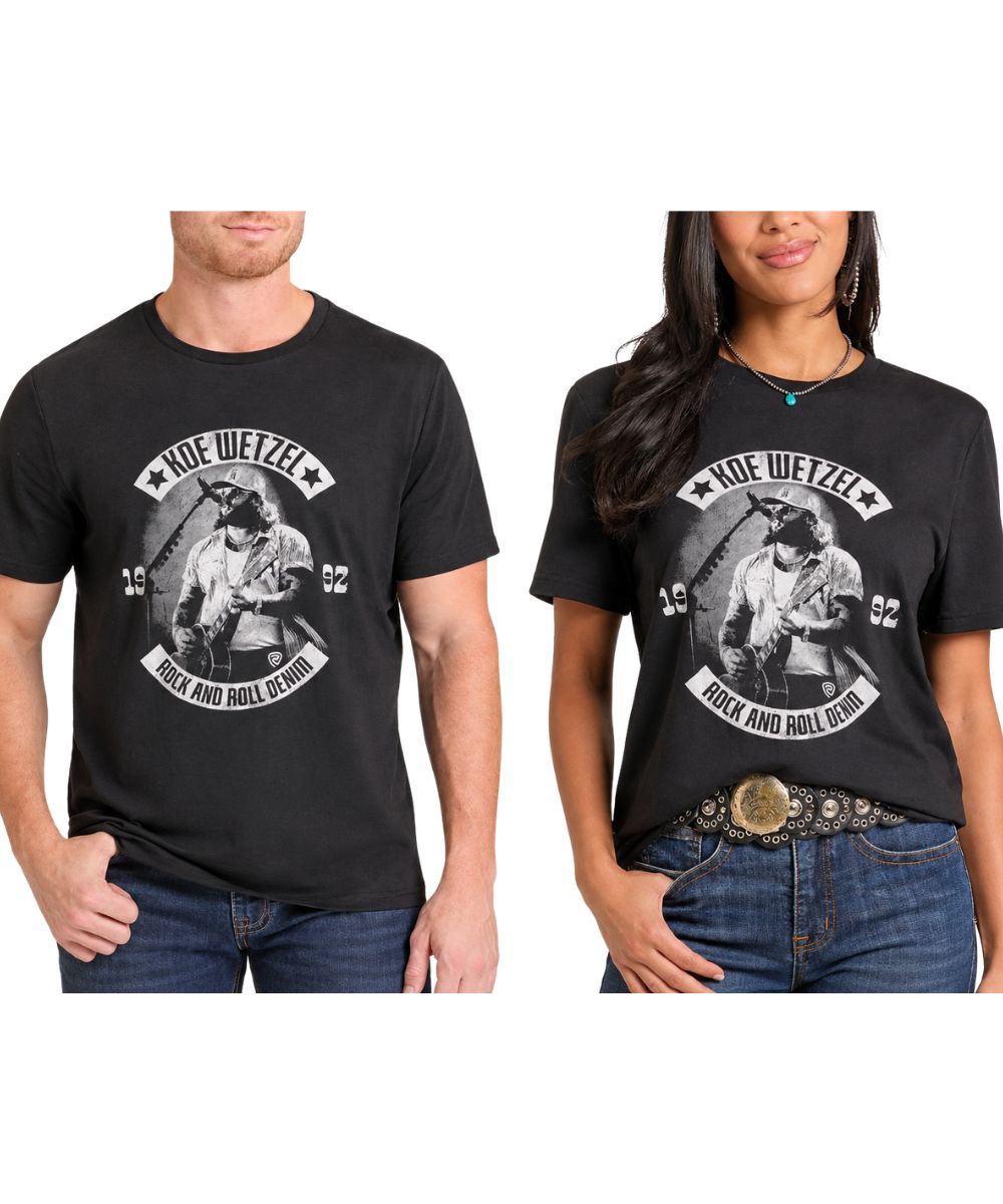 Couple view of a man and woman modeling the unisex Rock & Roll Denim Koe Wetzel Black Graphic Tee