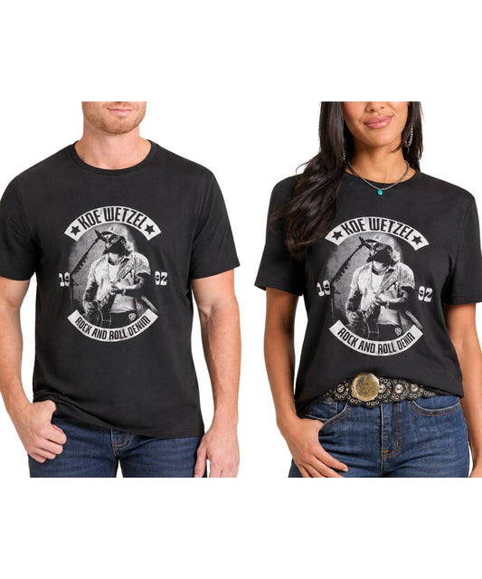 Couple view of a man and woman modeling the unisex Rock & Roll Denim Koe Wetzel Black Graphic Tee