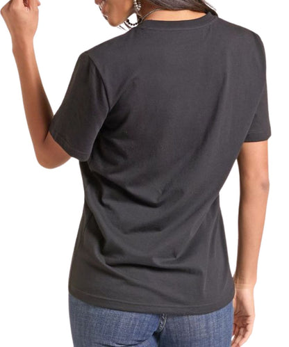 Back view of a woman modeling the black graphic tee