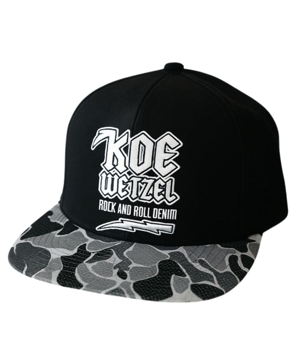 Black Cotton Twill Koe Wetzel Cap Featuring Logo Embroidery On The Front, Black Camo Flat Bill, And Adjustable Snapback Closure