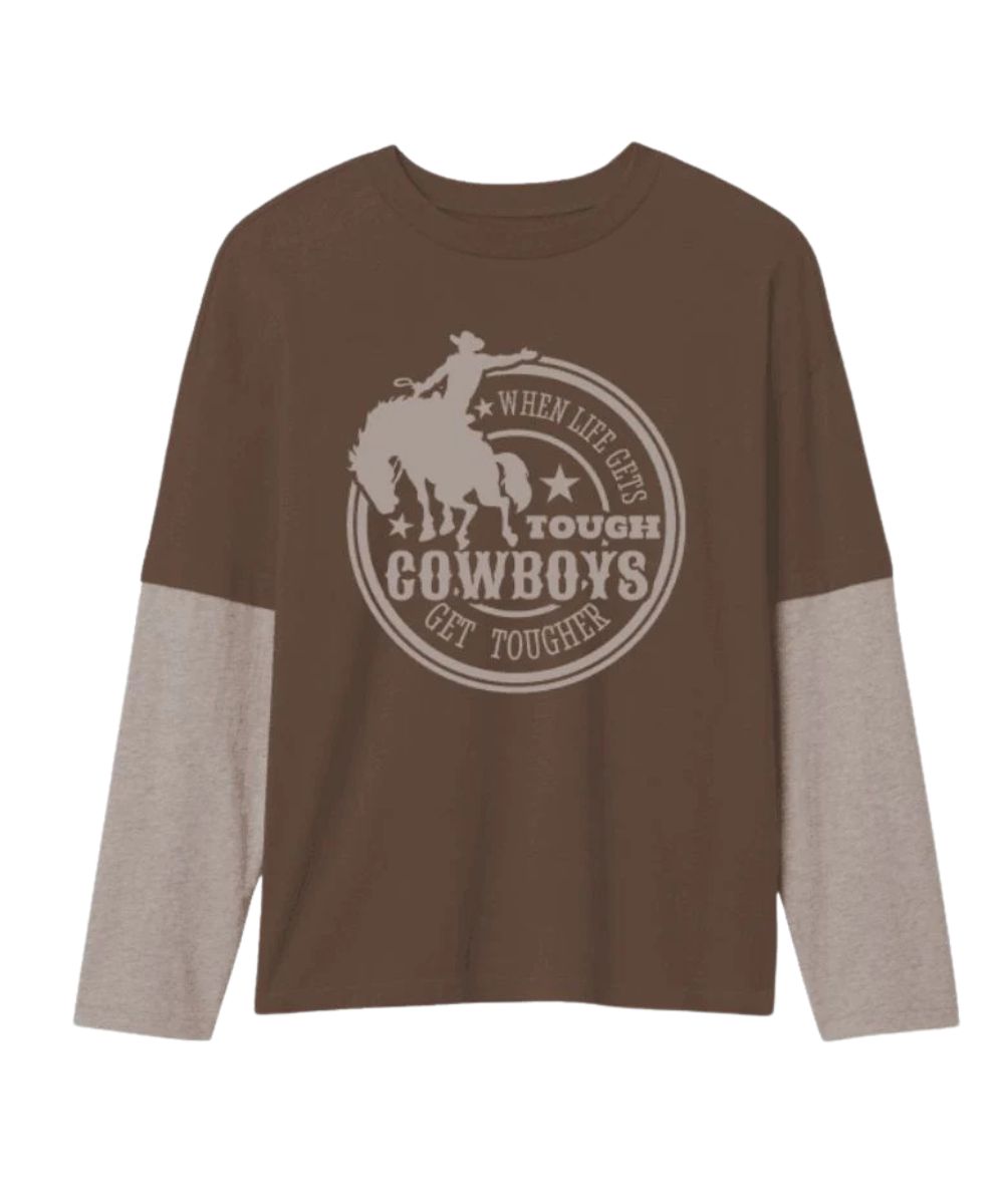 Front view of the toddler boy's long sleeve tee featuring a contrast front screen printed graphic and matching contrast sleeves