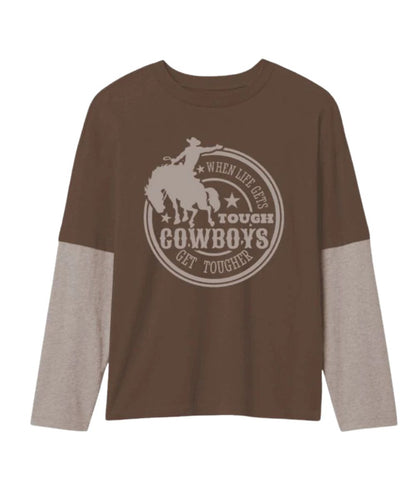 Front view of the toddler boy's long sleeve tee featuring a contrast front screen printed graphic and matching contrast sleeves