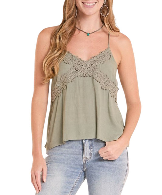 Women's Jade Green Tank Top With A V-Neckline And Lace Accents