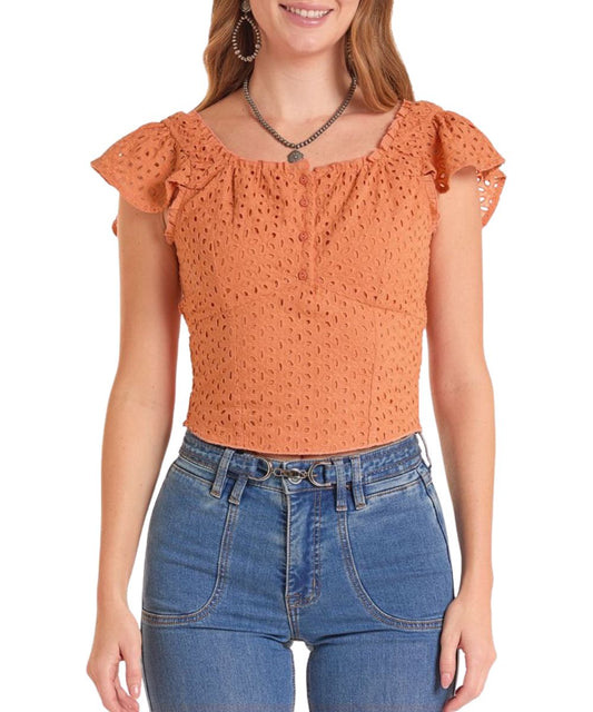 Women's Short Flutter Sleeve Top With Eyelet Detailed Front Featuring A 4-Button Closure And Square Neckline In Burnt Orange