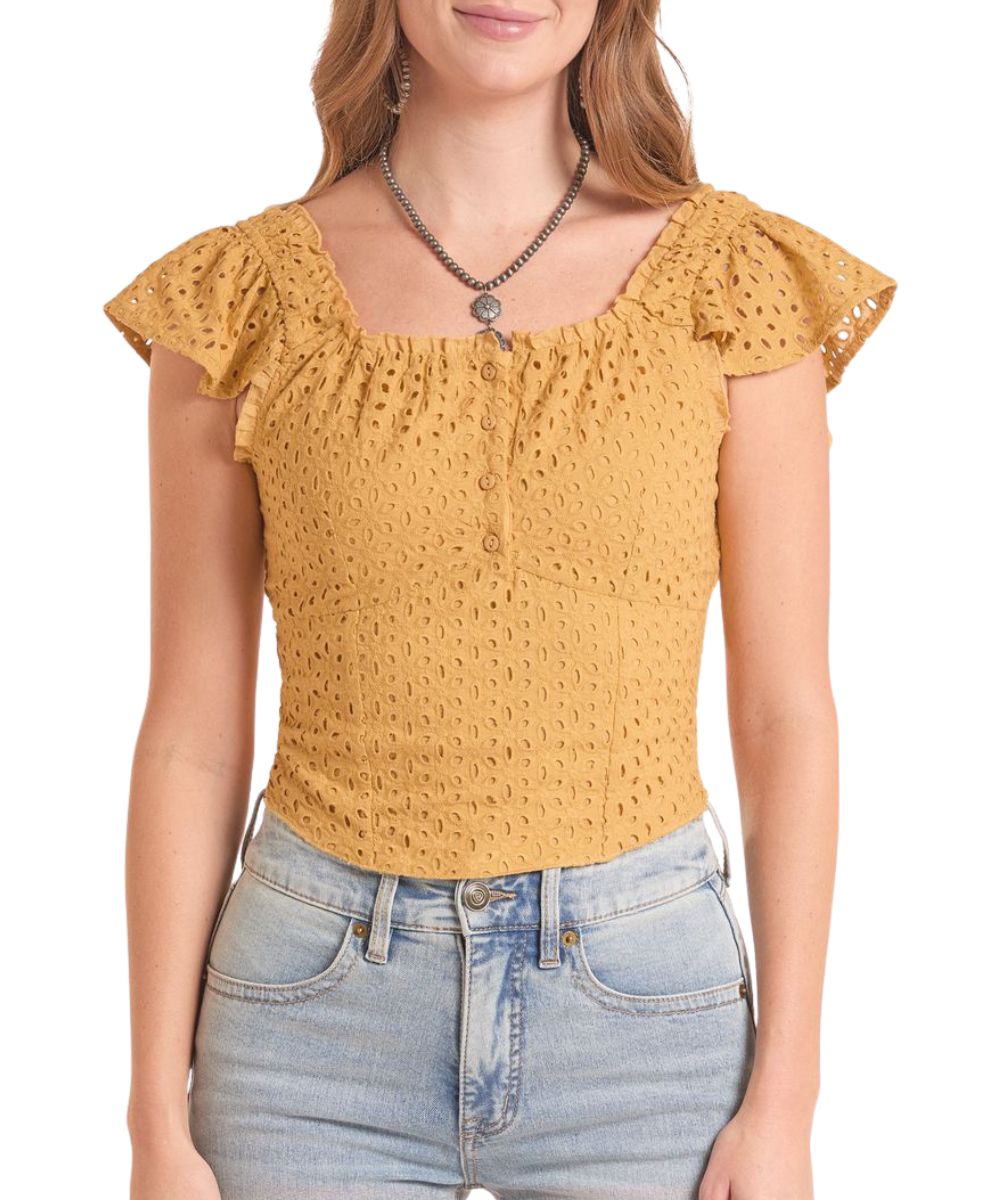 Women's Short Flutter Sleeve Top With Eyelet Detailed Front Featuring A 4-Button Closure And Square Neckline In Gold