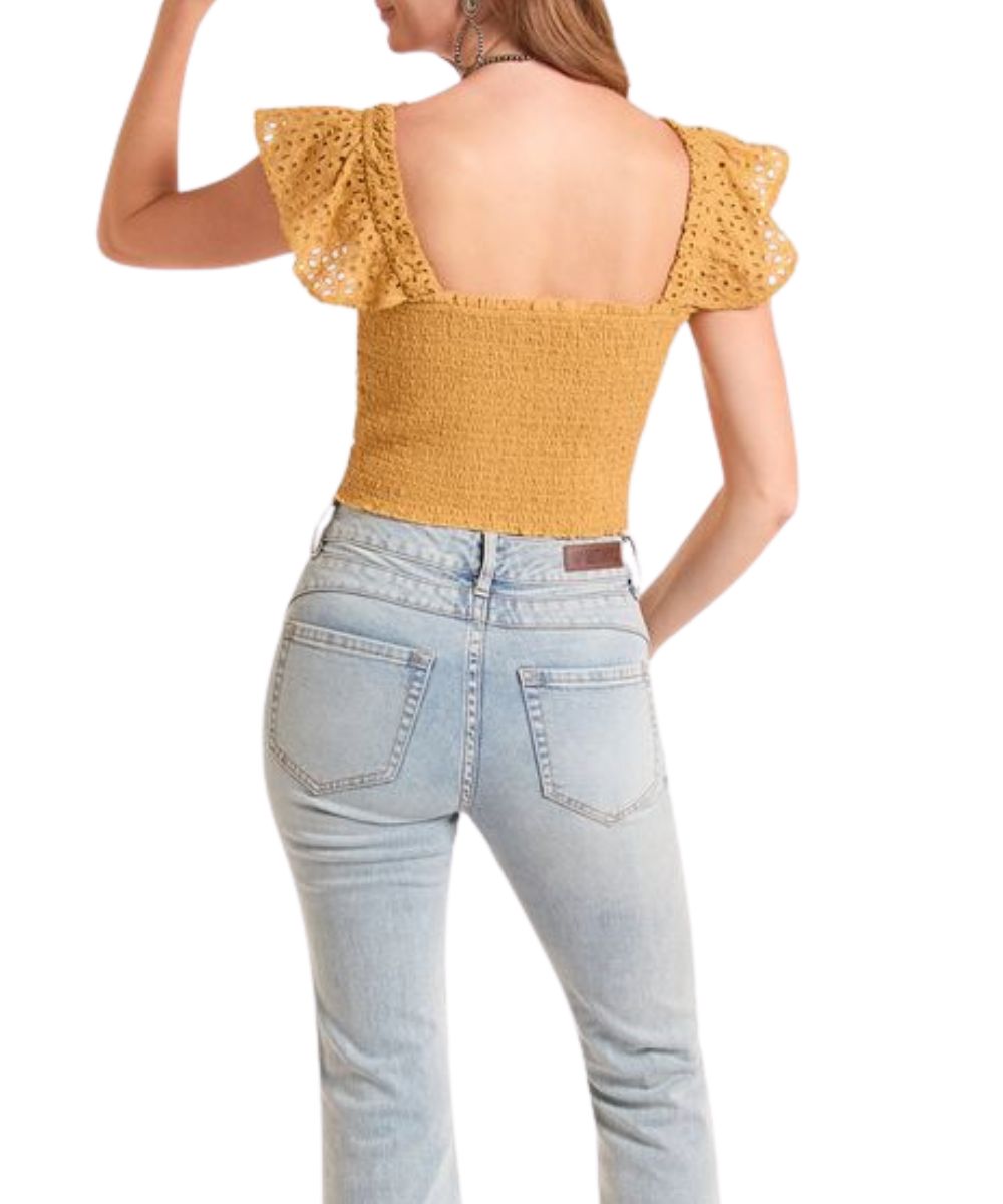 Women's Gold Short Flutter Sleeve Top Featuring A Square Neckline And Smocked Back