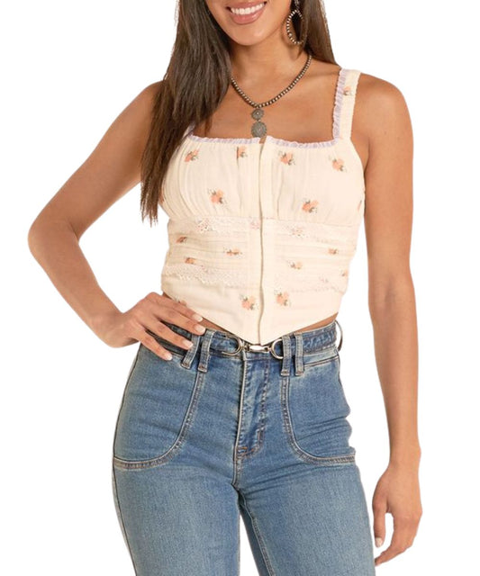 Women's Floral Corset Tank Top With Lace Accents