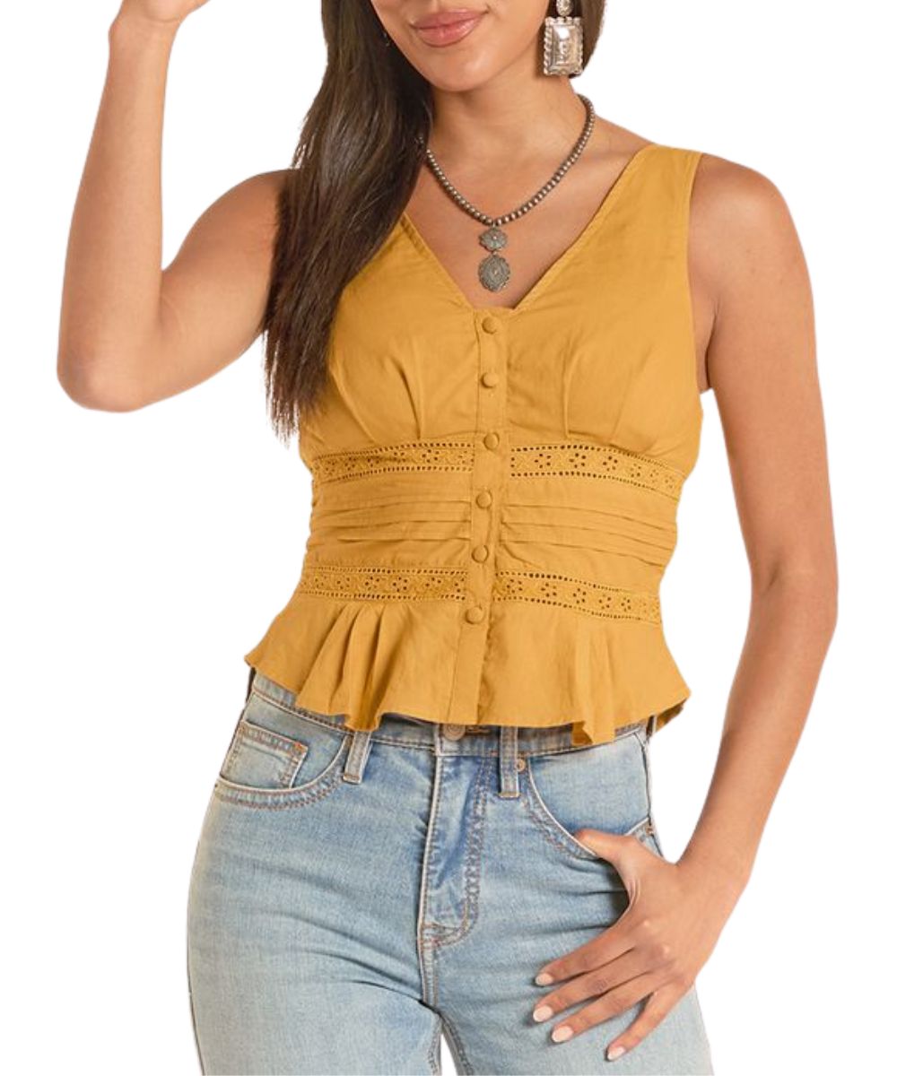 Front view of the women's gold tank top featuring a v-neckline, eyelet detailing, and button closure
