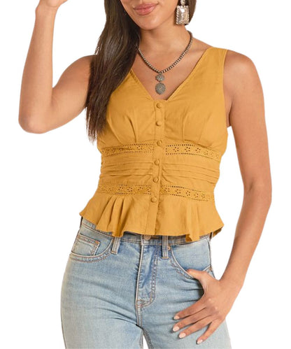 Front view of the women's gold tank top featuring a v-neckline, eyelet detailing, and button closure