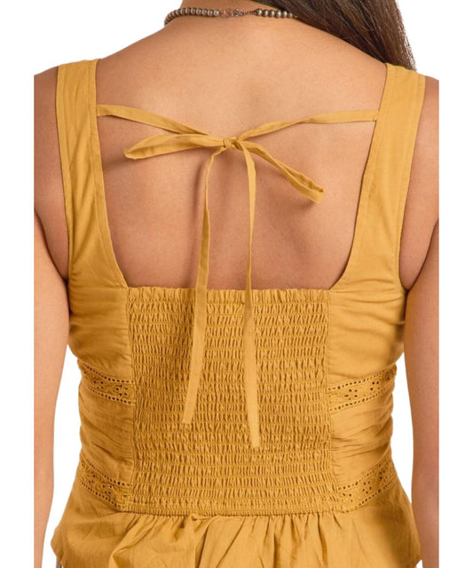 Back view of the gold women's tank top featuring a self-tie, square neckline, and smocked detailing