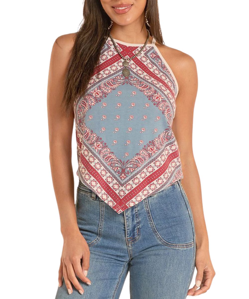 Front view of women's light navy halter top with a bandana-style hem featuring paisley bandana print.