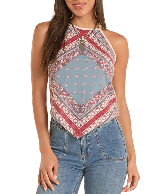 Front view of women's light navy halter top with a bandana-style hem featuring paisley bandana print.