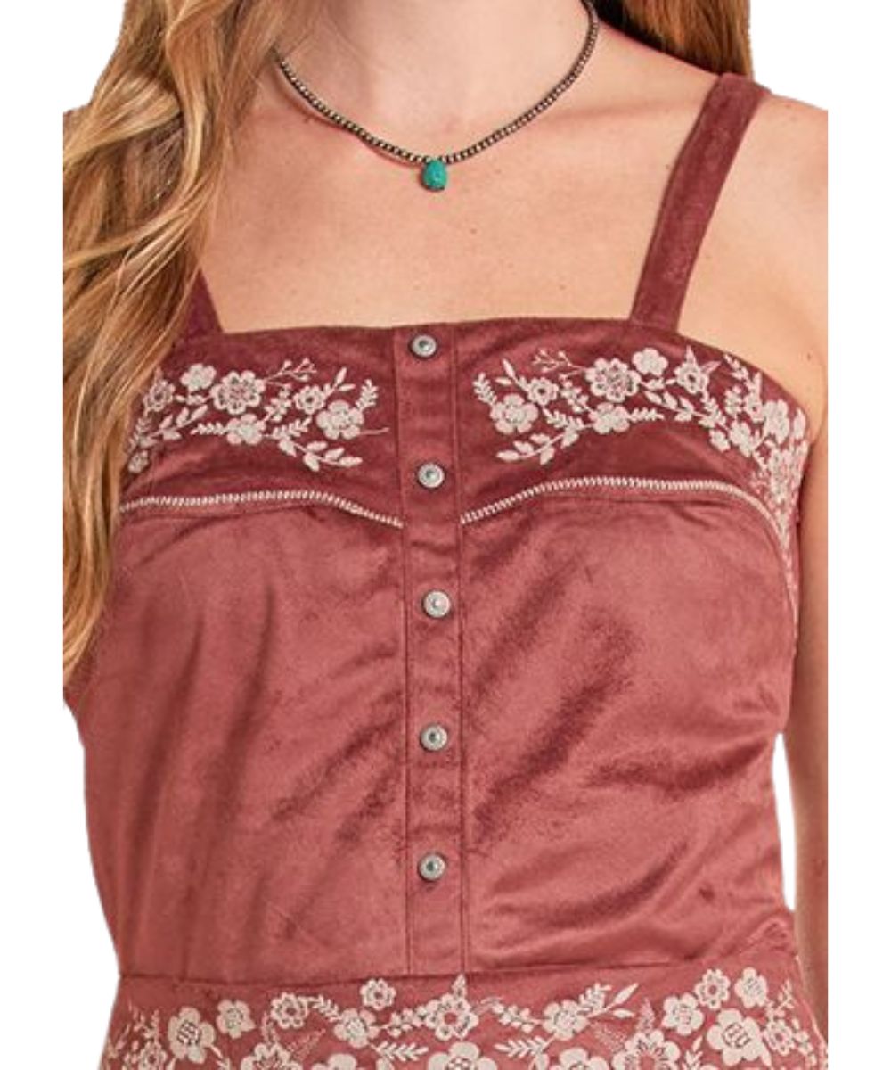 Close-Up View Of The Suede Tank With A Faux Button Placket And White Floral Embroidery
