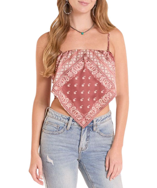Women's Burgundy Paisley Print Bandana Cropped Tank Top