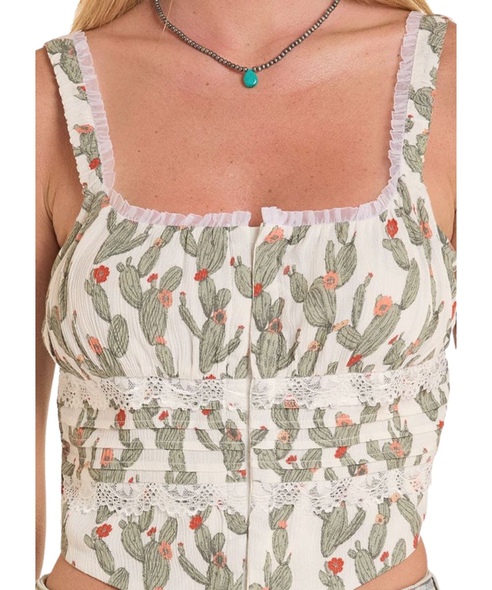 Women's Corset Tank Top With A Square Neckline, Ruffle Trim, And Lace Accents