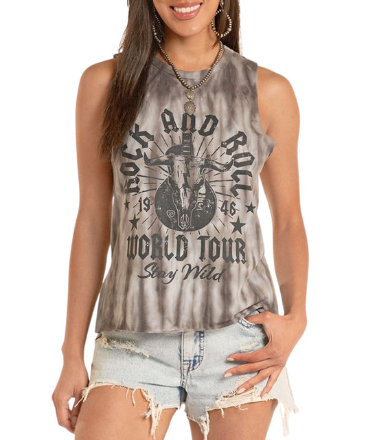 Rock & Roll Cowgirl women's muscle-style tank top featuring a steer head and guitar graphic on the front that reads: "Rock And Roll 1946 World Tour Stay Wild".