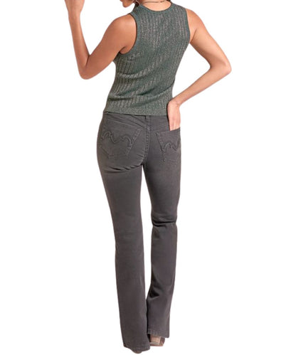 Back view of the women's textured lurex tank top featuring the metallic details in evergreen