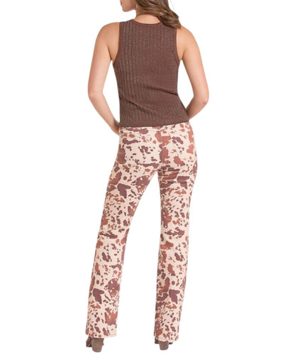 Back view of the women's textured lurex tank top featuring the metallic details in rust