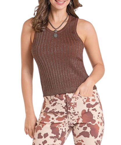 Front view of the women's Rock & Roll lurex tank top in rust